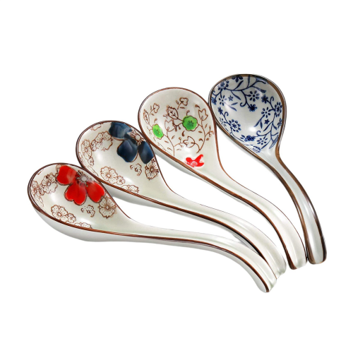 12 Pieces Asian Retro Chinese Ceramic Rice Spoons Curved Handle Ramen 2