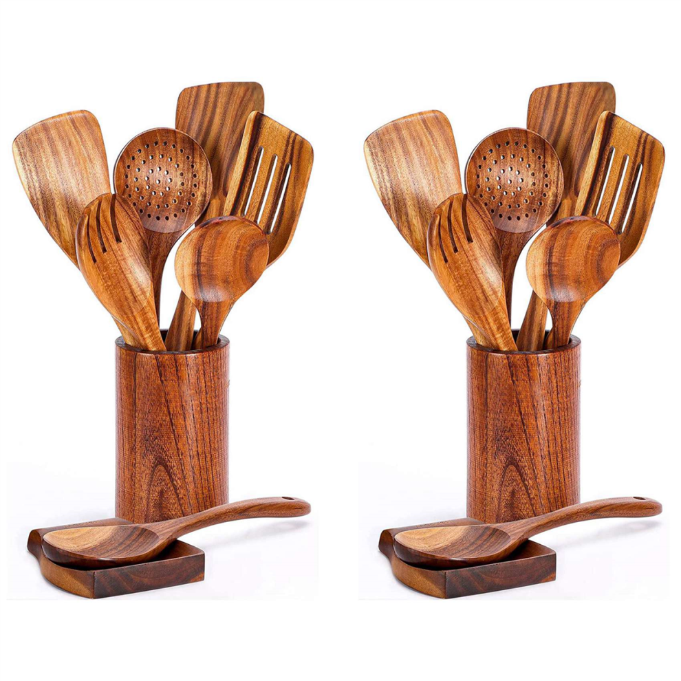 Lot de 18 cuillères en bois pour la cuisine, ustensiles de cuisine avec support, teck K