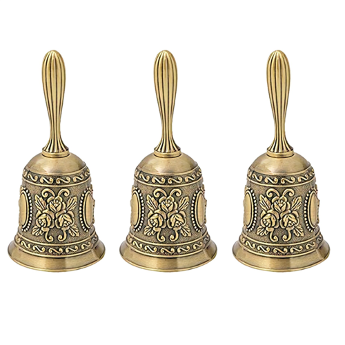 3X Clochette à main, sonnette d'appel de service en métal, jeu de dîner de thé de bureau 1