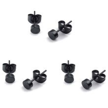 Pendientes redondos de 3 mm, 6 piezas (3 pares) - Acero inoxidable para hombre, color negro