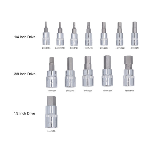 Set da 13 pezzi di bussole esagonali per bit, con attacco da 1/4", 3/8" e 1/2" 1