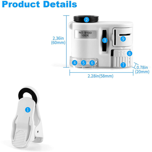 2X 100X Zoom Clip-on Microscope with LED Light, Portable Magnifier Lou 2