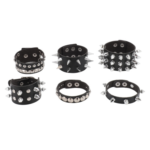 Set da 6 braccialetti neri in PU con borchie, regolabili