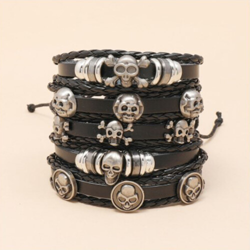 Pulsera Skull Rock para hombre de cuero PU ajustable 2