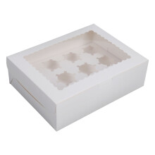 Set de 6 cajas para cupcakes de 12 cavidades, blancas, de cartón con ventana.