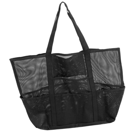 Large Waterproof Mesh Beach Bag 8 Pockets, 42x38x20cm, Black