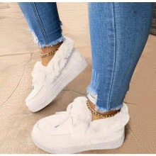 (White, 40=Foot Length25cm) Soled Thick Winter Warm Thickened Round Head Plush Snow Shoes Slippers Women