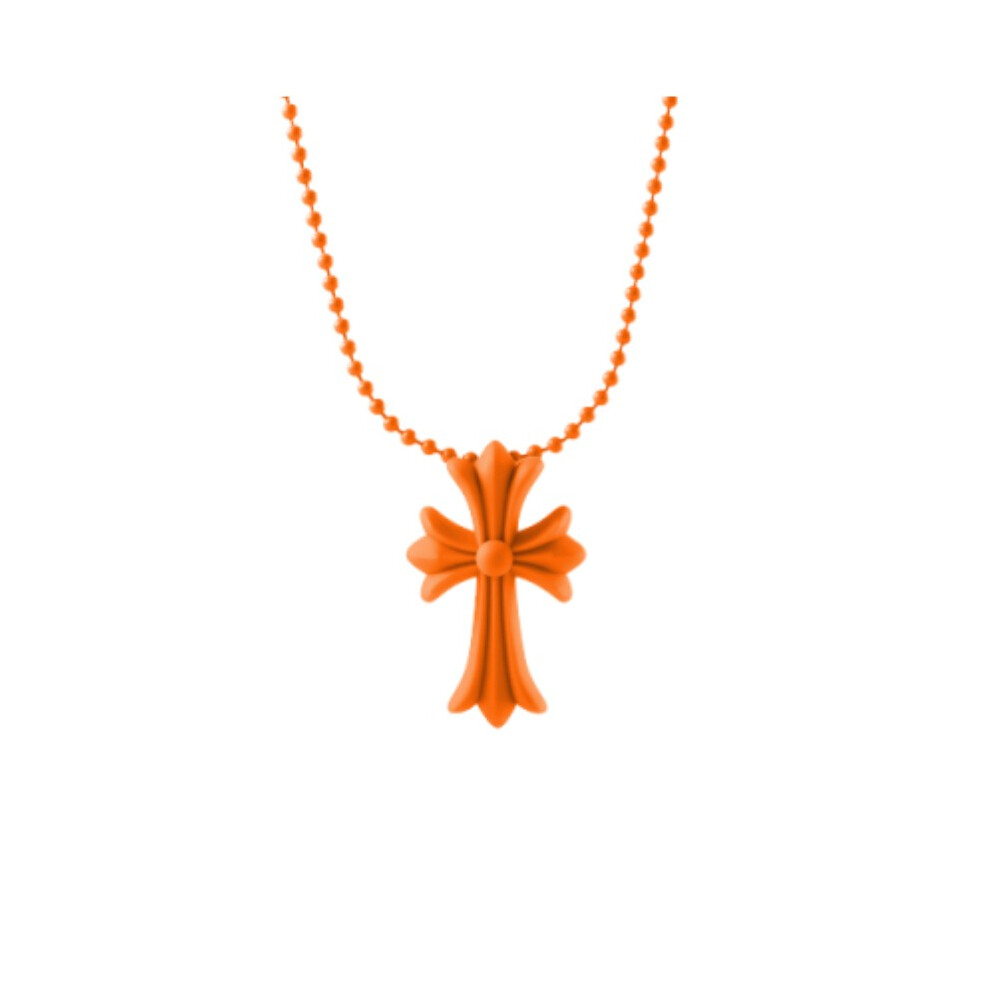 (Orange) Crucifix Hearts Chrome Religious Vintage Punk Pendant Amulet Pvc Cross Necklace