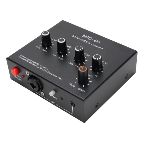 48V Microphone Preamp Booster with Gain Control, Aluminum Black