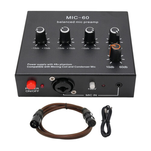 48V Microphone Preamp Booster with Gain Control, Aluminum Black 1