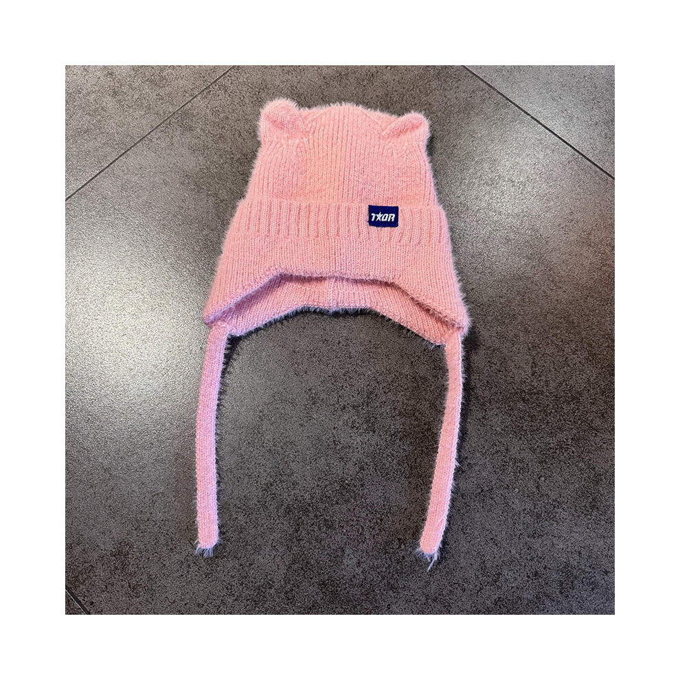(Pink) Sweet Colored Candy Cat Ear Shaped Women Warm Knitted Hat Protection With Ear-image-OPC-PJDQ88X-NEW