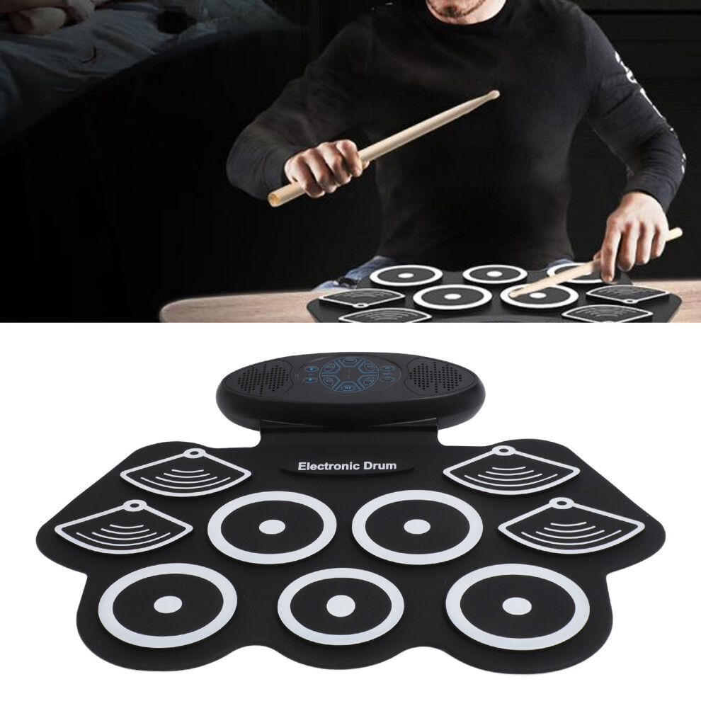 9 Pads Electronic Drum Set with 2 Stereo Speakers, USB MIDI, Portable Black/White