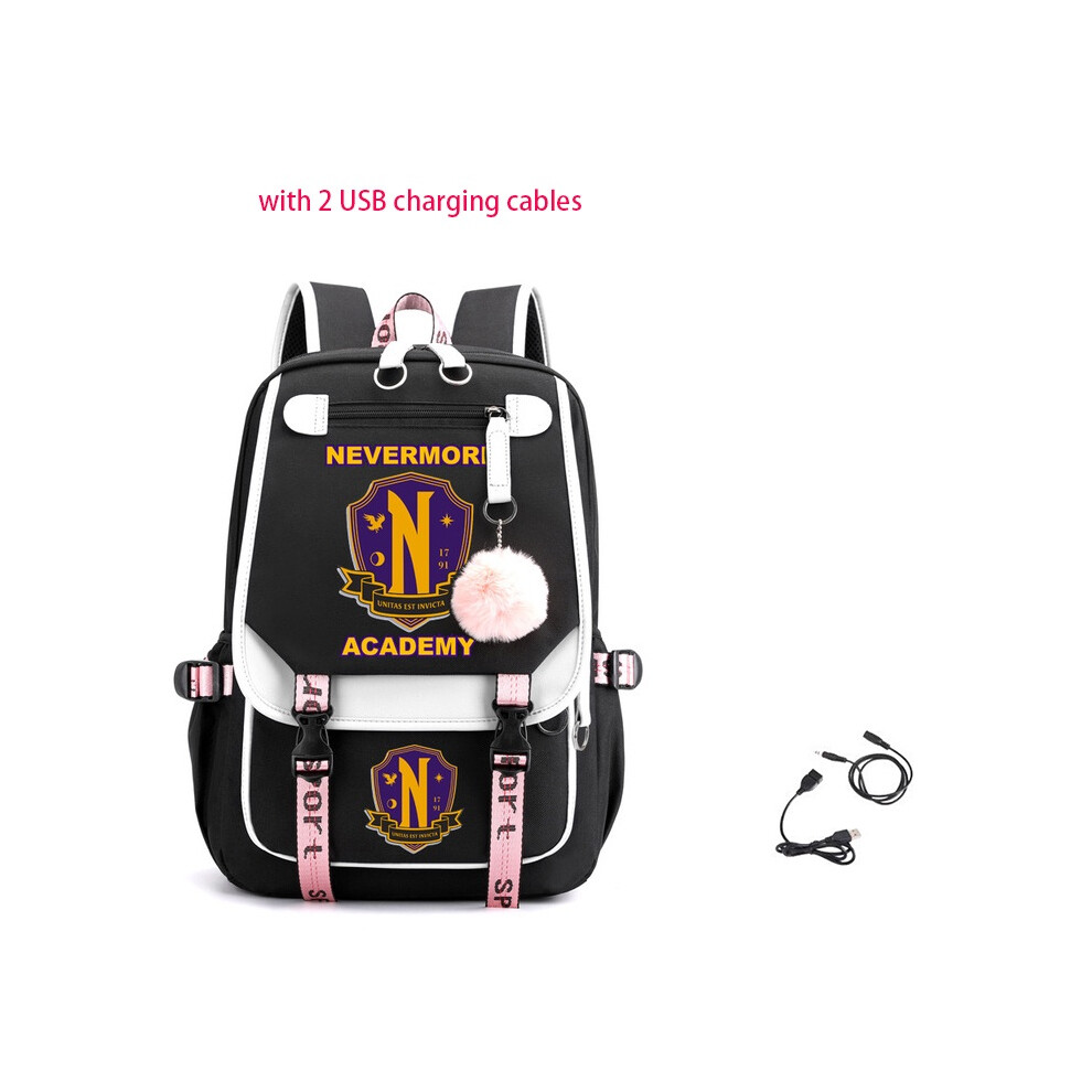 (Black White)Mochila De Viaje Wednesday The Addams Family Para NiñOs Carga Usb Mochila Escolar Cable-image