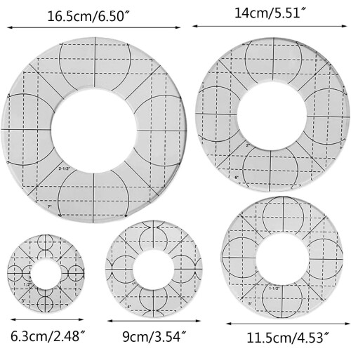 Circle Templates 5-Pack, Quilting Frame, Sewing Ruler, Low-Grip Handle, Quilted Template, Parallel Lines 1