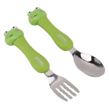 Karikatur-Gabel-Löffel aus Edelstahl für die Babyfütterung, Trainingslöffel und -gabel, tragbares Kindertablettgeschirr mit Tiermotiv, Frog
