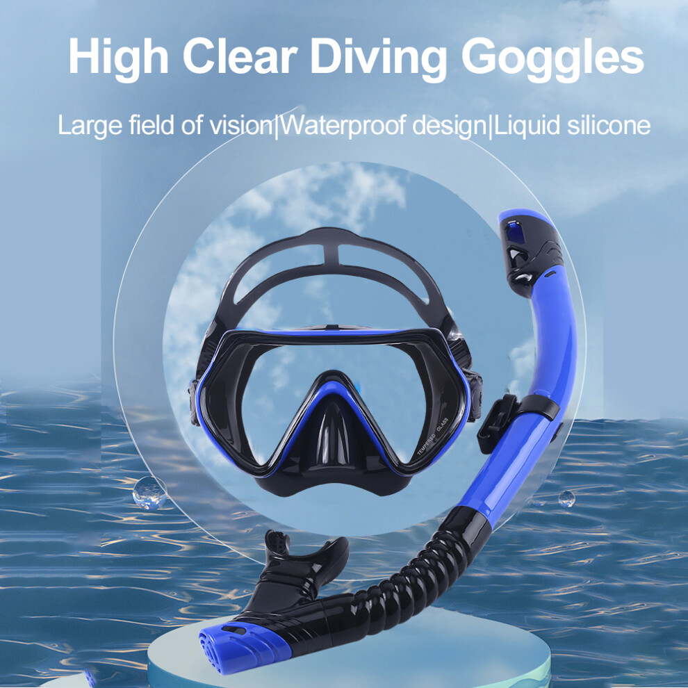 Panoramic Diving Mask with Dry Snorkel, Tempered Glass, Adjustable Silicone Fit