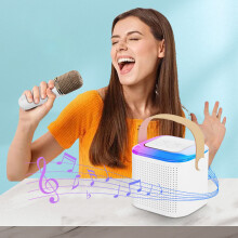 Volume Adjustable BT5.3 Karaoke Speaker Set with 2 Microphones, RGB Lights, 1200mAh Battery (Pink/White)