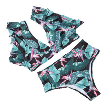 Damen Bikini Badeanzug Rüsche Knoten Dekor Hoher Taille 2-teilig Bedruckter Badeanzug Blumemuster L