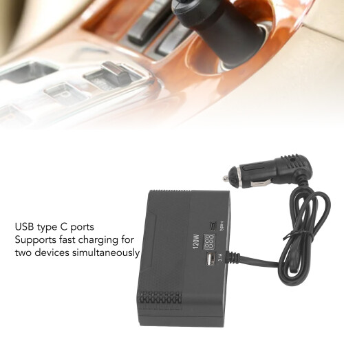Caricatore USB per auto, splitter a 4 prese, 120 W, nero 2