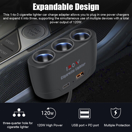 Multiprise auto à 3 prises 120W 95x55x30mm noir