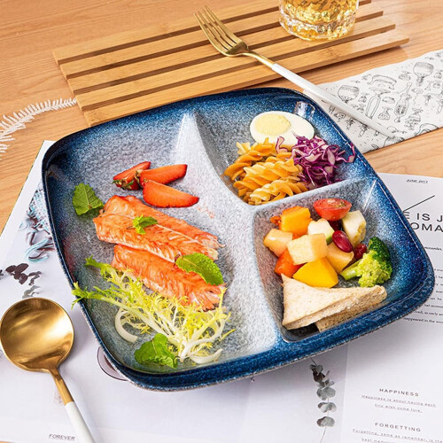 Divided Ceramic Dinner Plate Square Shaped 2-Pack Lunch Plate Salad Plate Tableware Set 1