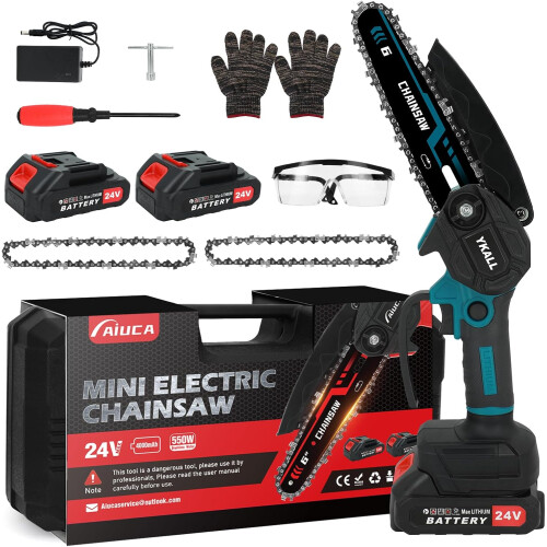 Mini Chainsaw 24V with 8000mAh Battery, 6-Inch Cordless Chainsaw
