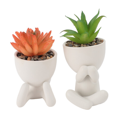 2 pezzi di vasi ceramici per succulente a forma umana, bianchi 1