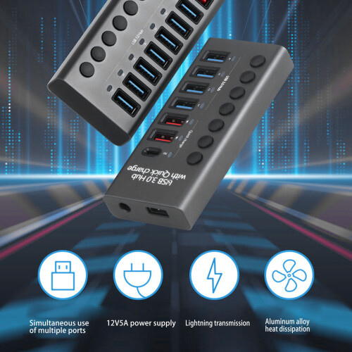 Hub USB 3.0 de 7 puertos de aluminio 5 Gbps PD 20 W enchufe UE 2