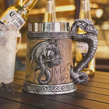 ( Faucet Wooden Barrel Container Yellow) Dragon Beer Cup - Stainless Steel Construction , Mug for Beer, Coffee, Halloween, Christmas, Birthday Gifts