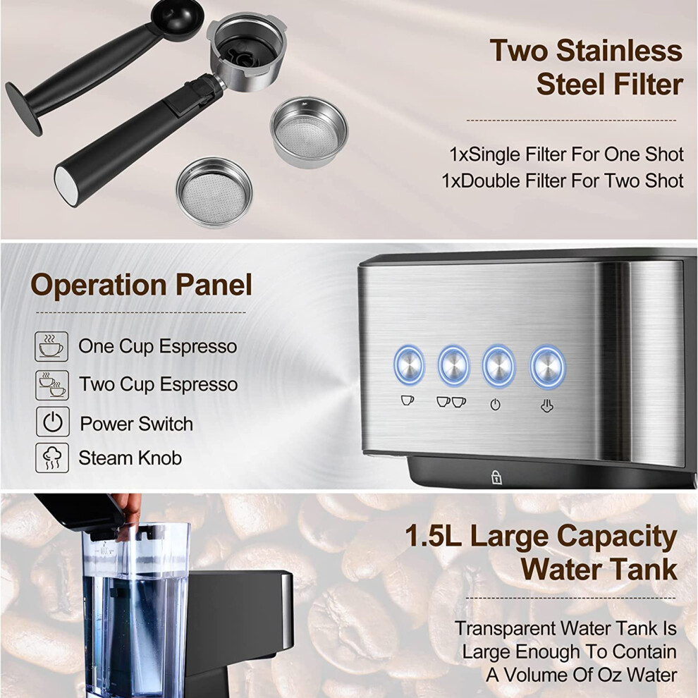 Aeomjk 15-Bar 1050W Espresso Machine w/Frother & 1.5L Tank