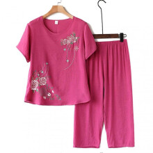 (4XL, Fuchsia) Women's 2 Piece Linen Outfits Short Sleeve Floral Print Lounge Sets Crewneck Summer Pajamas Suit