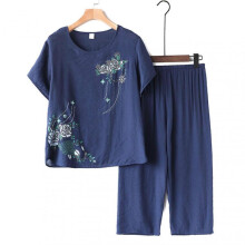 (3XL, Navy Blue) Women's 2 Piece Linen Outfits Short Sleeve Floral Print Lounge Sets Crewneck Summer Pajamas Suit