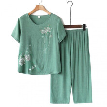 (4XL, Green) Women's 2 Piece Linen Outfits Short Sleeve Floral Print Lounge Sets Crewneck Summer Pajamas Suit