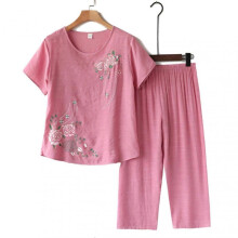 (2XL, Pink) Women's 2 Piece Linen Outfits Short Sleeve Floral Print Lounge Sets Crewneck Summer Pajamas Suit