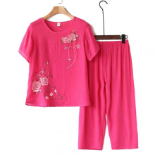 (4XL, Rose Red) Women's 2 Piece Linen Outfits Short Sleeve Floral Print Lounge Sets Crewneck Summer Pajamas Suit