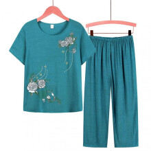 (XL, Lake Blue) Women's 2 Piece Linen Outfits Short Sleeve Floral Print Lounge Sets Crewneck Summer Pajamas Suit