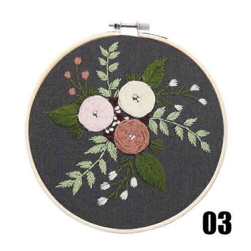 (03) Embroidery Starter Kit with Flower Pattern Cross Stitch Needlework Kits Hoop DIY 1
