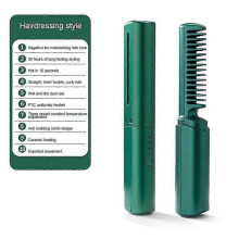 (Green) Women Portable Cordless Electric Hair Straightening Brush, Straight Curly Negative Ion Hair Straightener Comb USB Charge Home Travel