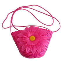 (Rose Red) New Fashion Korean Style Women Summer Mini Floral Straw Bags Beach Tote Shoulder Bag Handbag