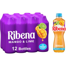 Ribena Mango and Lime Juice Drink No Added Sugar 500ml Multipack of 12 Real Fruit Vitamin C No Artificial Colours or Flavours Tropical Refreshment