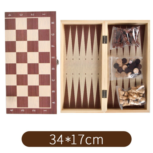 Ensemble en bois 3-en-1 Échecs, Dames et Backgammon 34x17cm 2