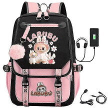 (Black Pink B)New Cartoon Labubu Usb Charging Backpack Students Schoolbag For Men Women Kids