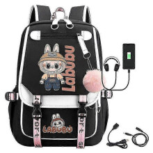 (Black White C)New Cartoon Labubu Usb Charging Backpack Students Schoolbag For Men Women Kids