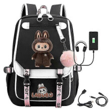(Black White A)New Cartoon Labubu Usb Charging Backpack Students Schoolbag For Men Women Kids