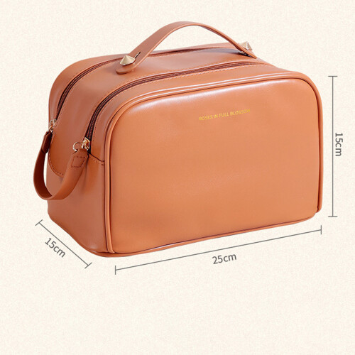 Trousse de maquillage à double fermeture éclair marron grande capacité 1