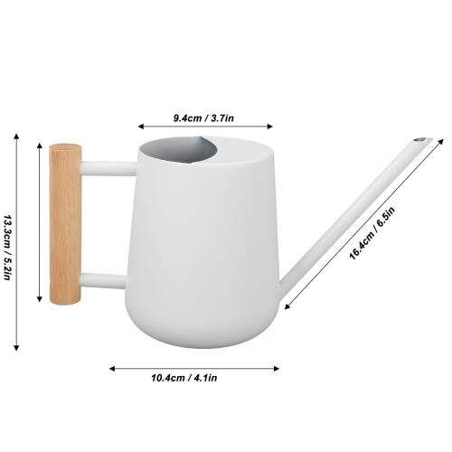 Regadera pequeña blanca con mango de madera y boquilla de 16,4 cm 1
