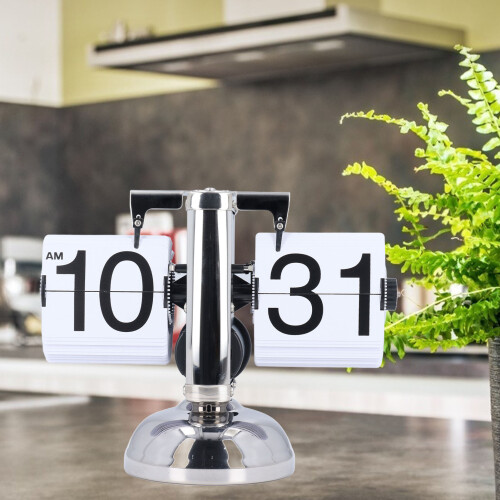 Vintage Digital Flip Down Desk Clock, Stainless Steel, Battery Powered