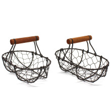 Oval Chicken Wire Egg Baskets Set of 2, Rust Color, Wooden Handle, Farmhouse Country Vintage Style Storage Baskets
