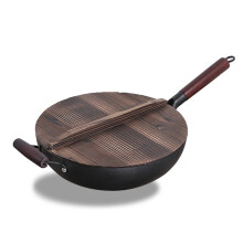 Chinese Hand Hammered Iron Woks Wok Set With Wooden Lid And Steel Auxiliary Handle Induction Electric Gas Halogens 34cm