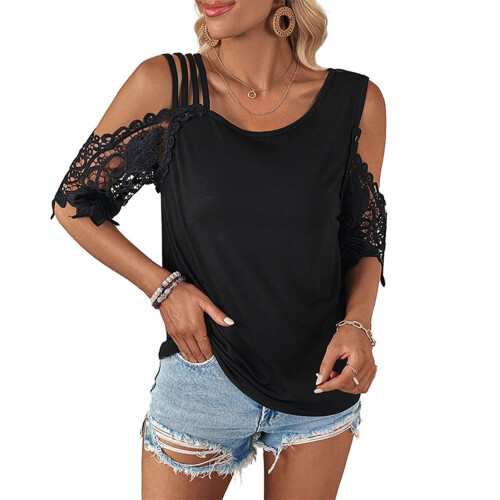 Blusa in pizzo con spalle scoperte da donna, nera S, 95cm 2